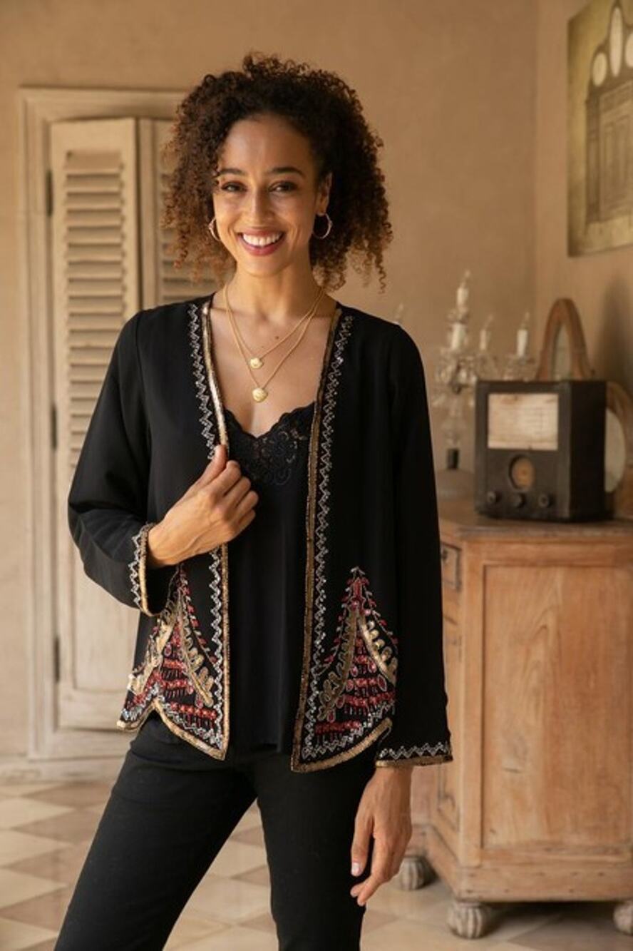 Novica Black Midnight Metallic Beads Sequins Open Front Size L Eclectic Art Wear